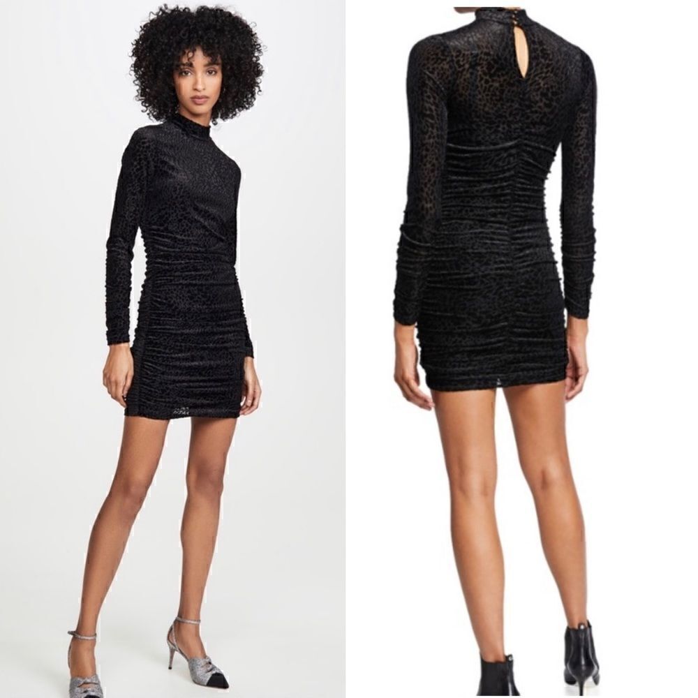 Likely Wylie Velvet Burnout Leopard Print Long Sleeve Mini Dress | SZ 0 | Black